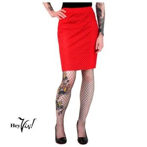 Red & Black Polka Dot Pencil Skirt - Fitted - XL